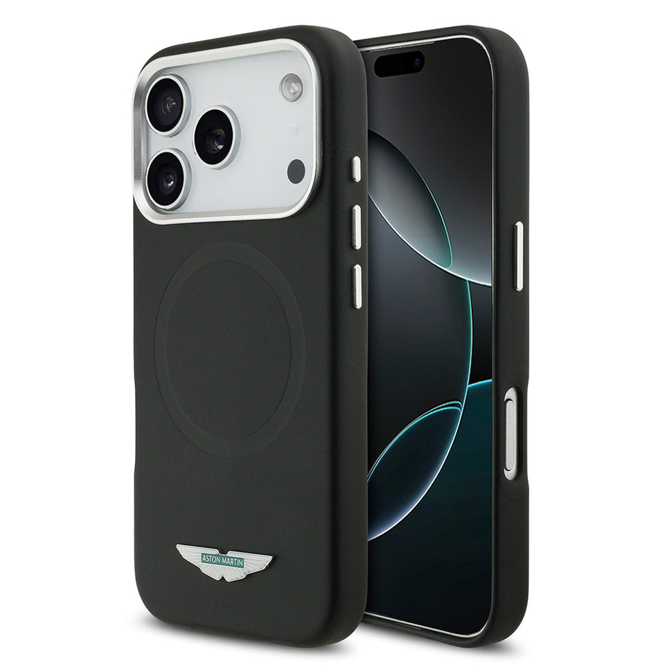 Aston Martin lisanslı iPhone 17 Pro Max kılıfı - metal logolu PU deri MagSafe uyumlu tasarım