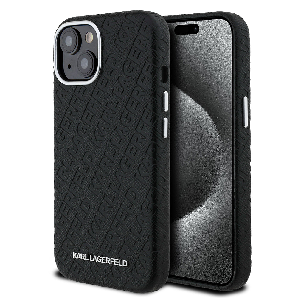Karl Lagerfeld iPhone 14 Damgalı PU Deri Metal Yazı Logolu Kılıf