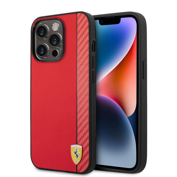 Ferrari iPhone 14 Pro Karbon Şeritli PU Deri MagSafe Uyumlu Kılıf – Fotoğraf 1