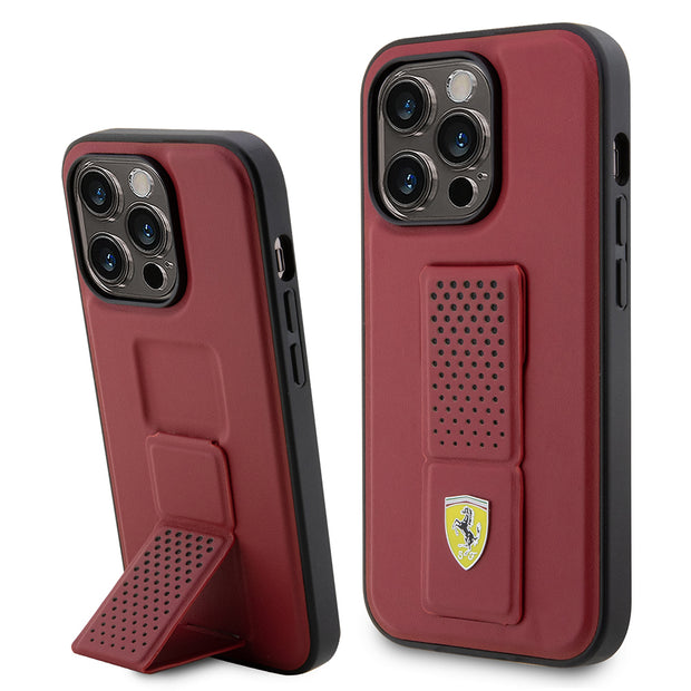 Ferrari iPhone 14 Pro Klasik Metal Logolu Delikli Standlı Deri Kılıf – Fotoğraf 1