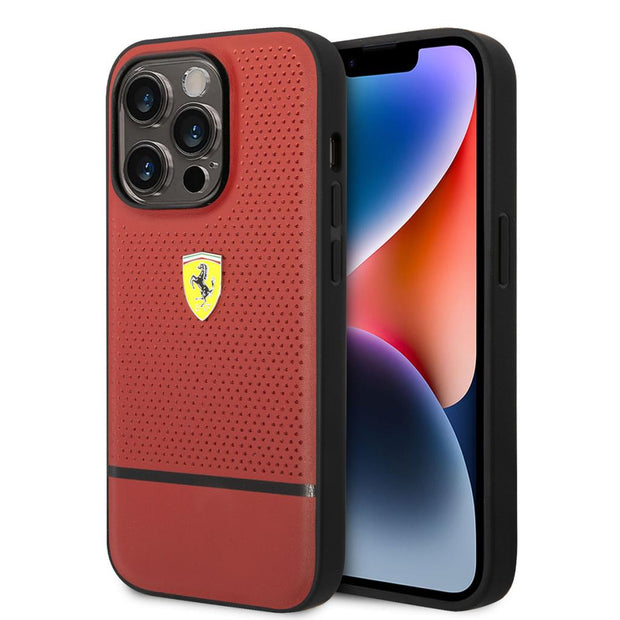Ferrari iPhone 14 Pro Delikli Çizgili Deri Kılıf – Fotoğraf 1