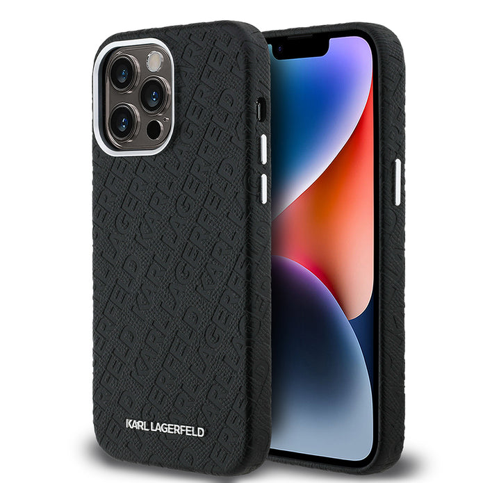 Karl Lagerfeld iPhone 14 Pro Max Damgalı PU Deri Metal Yazı Logolu Kılıf