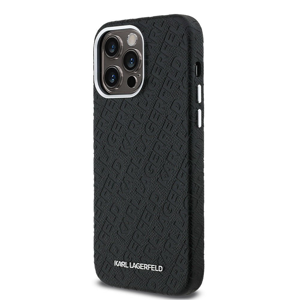 Karl Lagerfeld iPhone 14 Pro Max Damgalı PU Deri Metal Yazı Logolu Kılıf