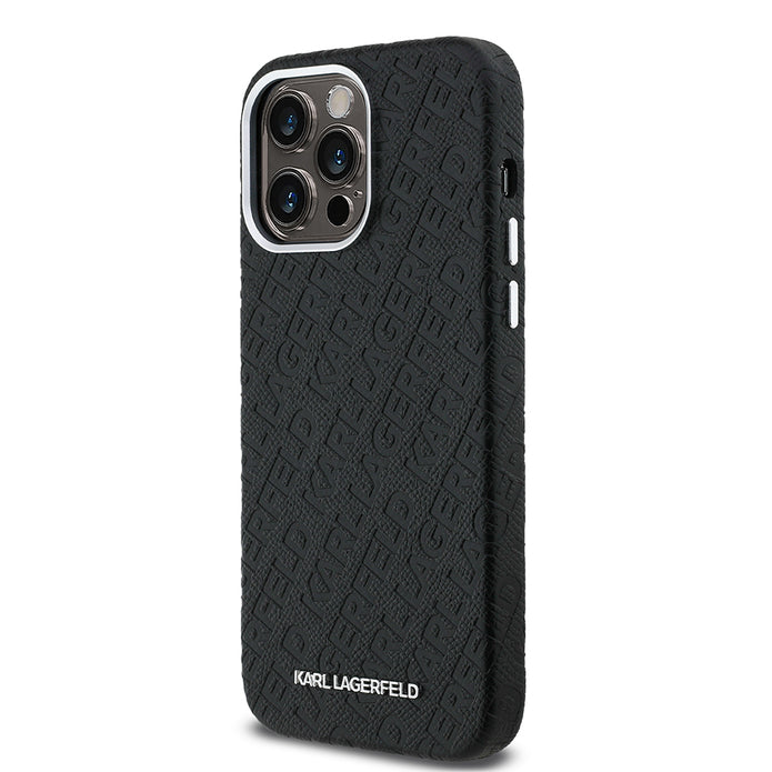 Karl Lagerfeld iPhone 14 Pro Max Damgalı PU Deri Metal Yazı Logolu Kılıf