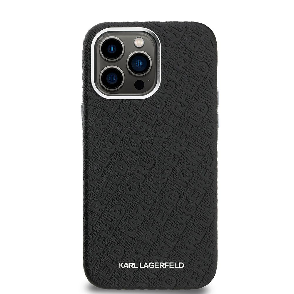 Karl Lagerfeld iPhone 14 Pro Max Damgalı PU Deri Metal Yazı Logolu Kılıf