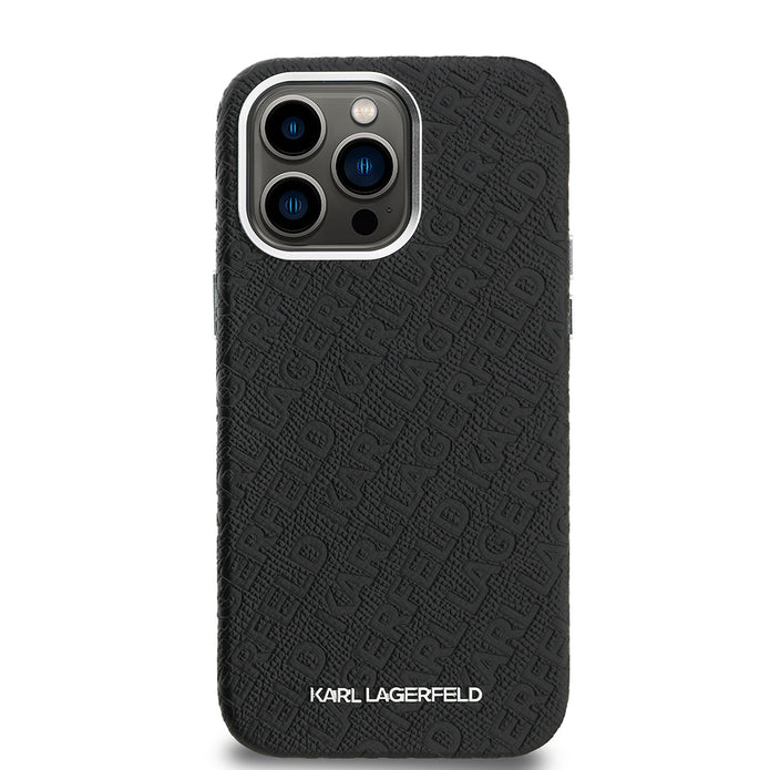 Karl Lagerfeld iPhone 14 Pro Max Damgalı PU Deri Metal Yazı Logolu Kılıf