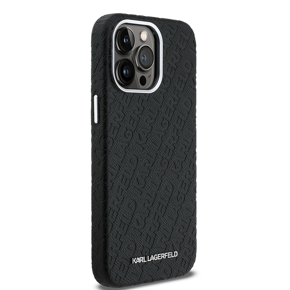 Karl Lagerfeld iPhone 14 Pro Max Damgalı PU Deri Metal Yazı Logolu Kılıf