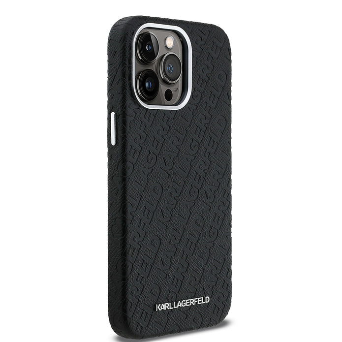 Karl Lagerfeld iPhone 14 Pro Max Damgalı PU Deri Metal Yazı Logolu Kılıf