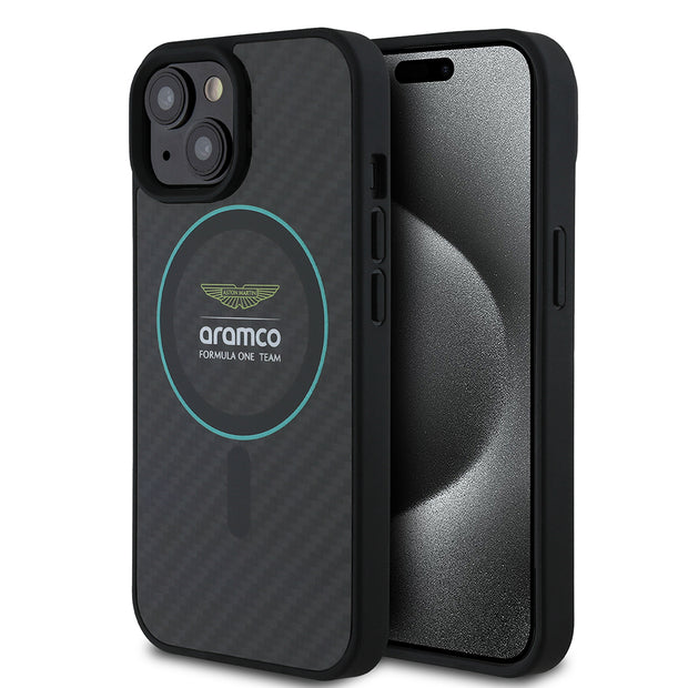 Aston Martin iPhone 15 Renkli Halkalı Karbon Fiber Tasarımlı MagSafe Uyumlu Kılıf – Fotoğraf 1