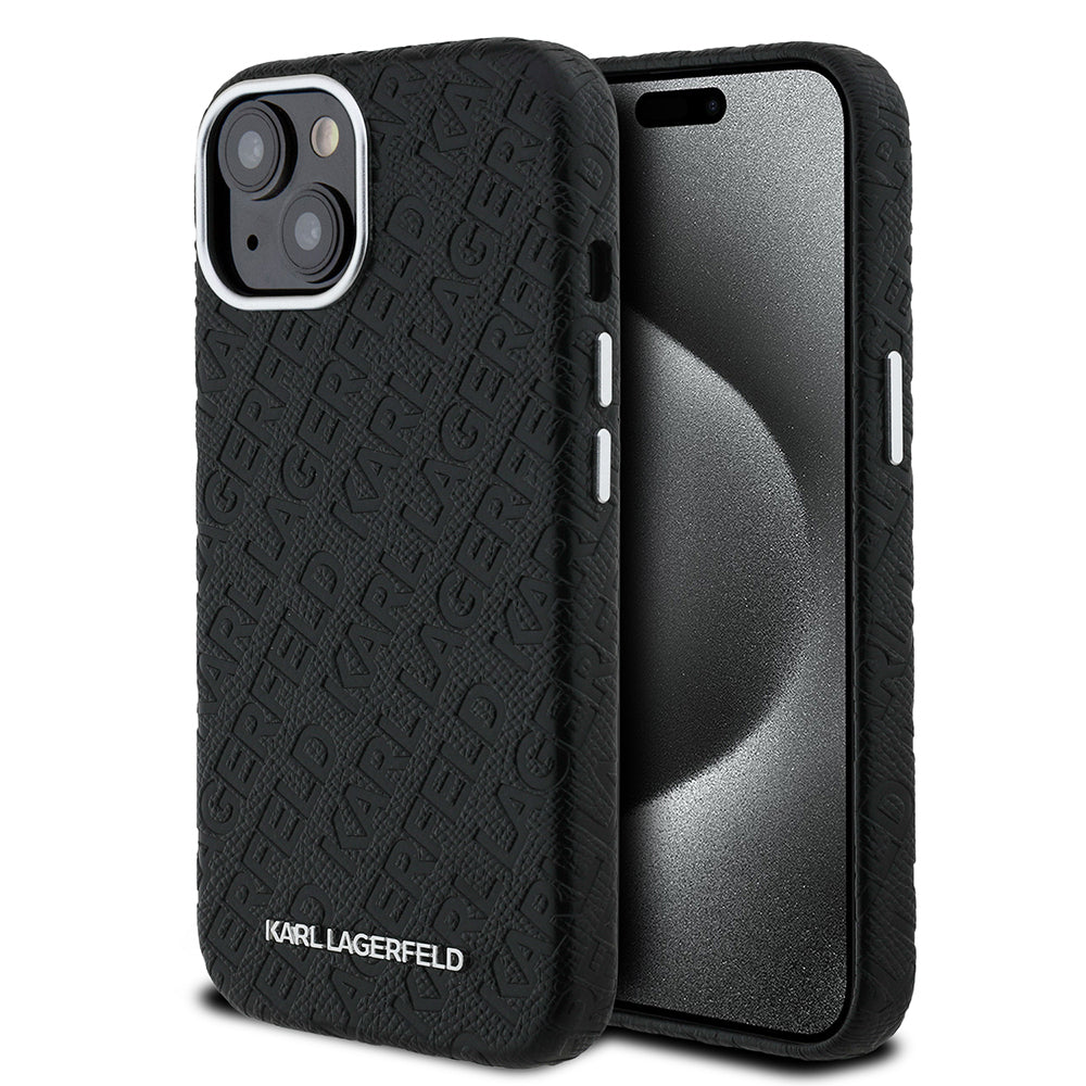 Karl Lagerfeld iPhone 15 Damgalı PU Deri Metal Yazı Logolu Kılıf