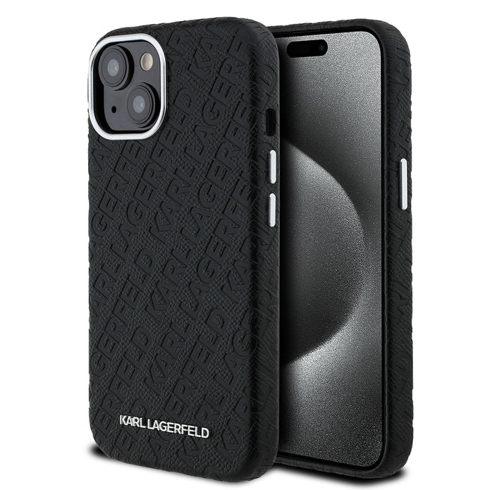 Karl Lagerfeld iPhone 15 Damgalı PU Deri Metal Yazı Logolu Kılıf