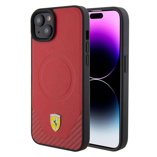 Ferrari iPhone 15 Plus Metal Logolu PU Karbon MagSafe Uyumlu Kılıf – Fotoğraf 1