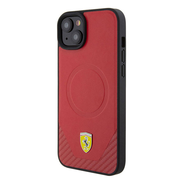 Ferrari iPhone 15 Plus Metal Logolu PU Karbon MagSafe Uyumlu Kılıf – Fotoğraf 2
