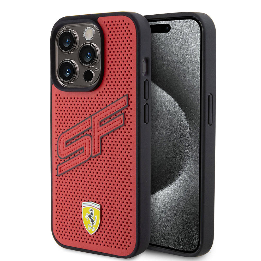 Ferrari iPhone 15 Pro Büyük SF Yazılı Delikli Dikişli PU Kılıf – Fotoğraf 17