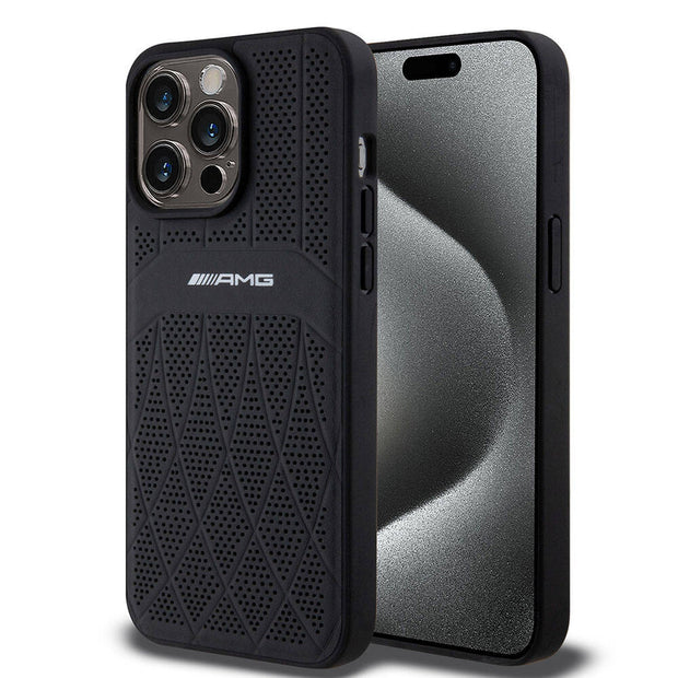 AMG iPhone 15 Pro Max Uyumlu Delikli Deri Kıvrımlı Çizgili MagSafe Uyumlu Kılıf – Fotoğraf 1