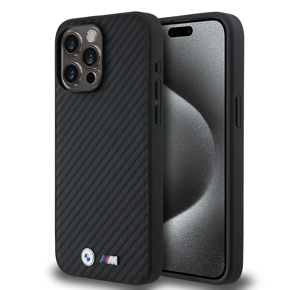 BMW iPhone 15 Pro Max Karbon Fiber Görünümlü Deri MagSafe Uyumlu Kılıf – Fotoğraf 1