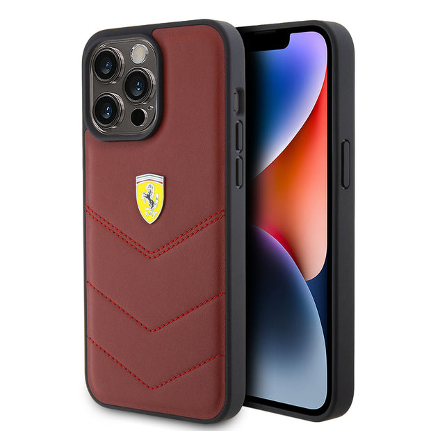 Ferrari iPhone 15 Pro Max Dikişli Deri Metal Logolu Kılıf – Fotoğraf 1