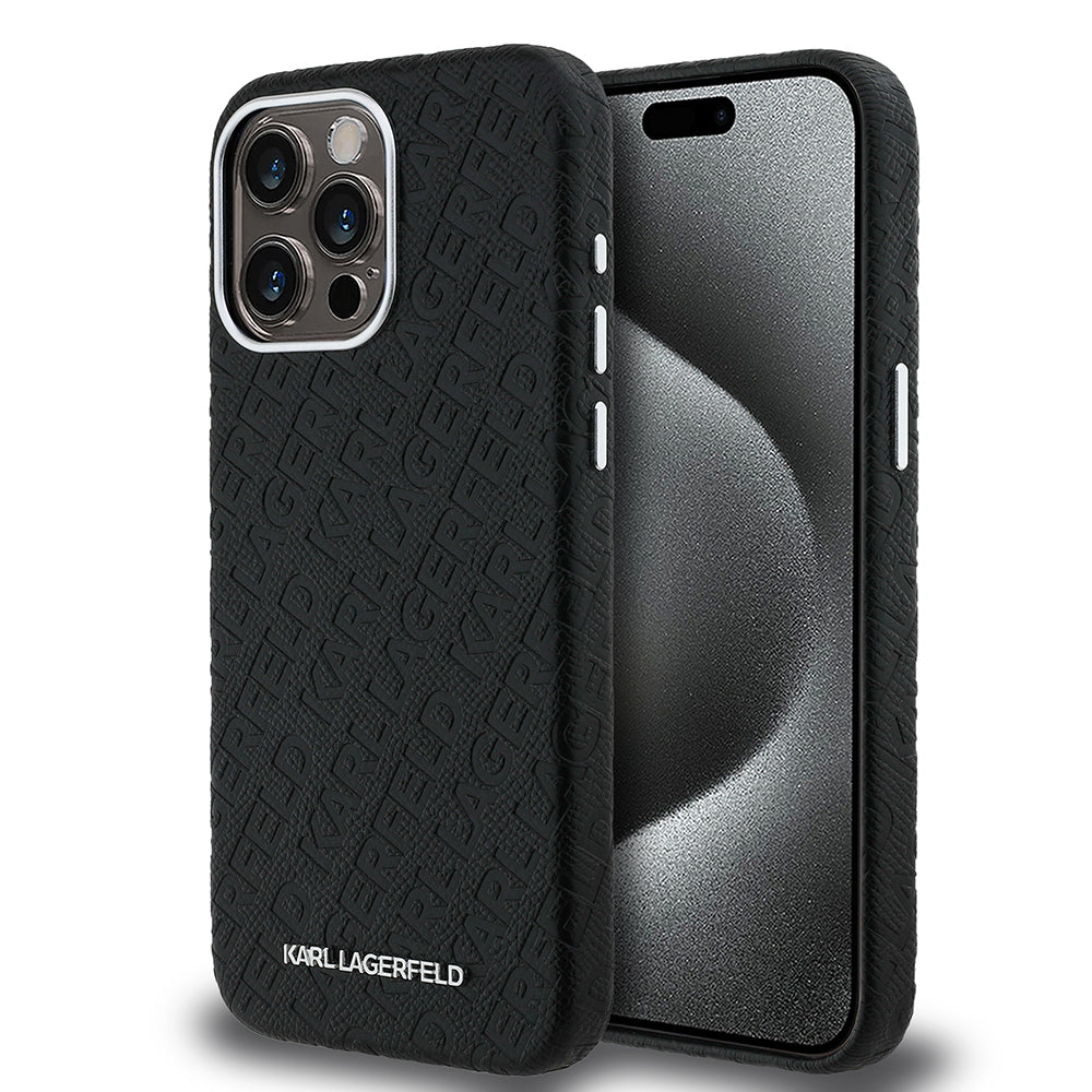 Karl Lagerfeld iPhone 15 Pro Max Damgalı PU Deri Metal Yazı Logolu Kılıf