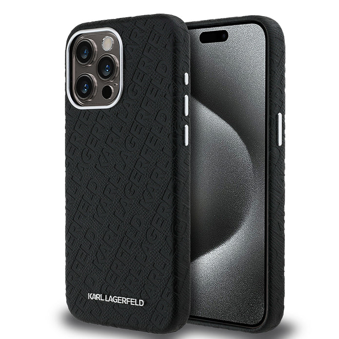Karl Lagerfeld iPhone 15 Pro Max Damgalı PU Deri Metal Yazı Logolu Kılıf