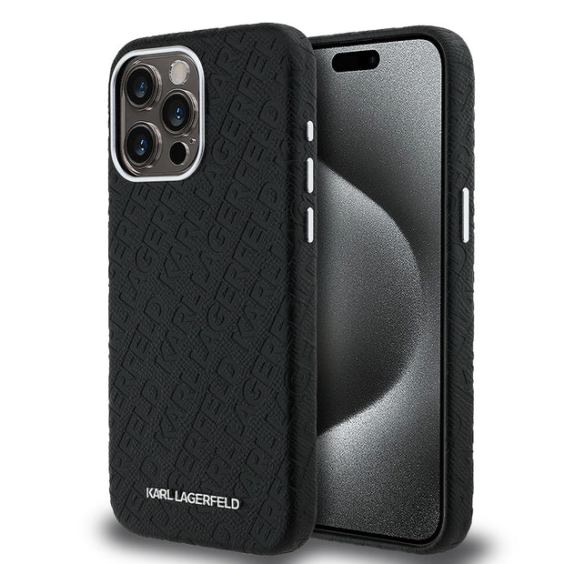 Karl Lagerfeld iPhone 15 Pro Max Damgalı PU Deri Metal Yazı Logolu Kılıf – Fotoğraf 1