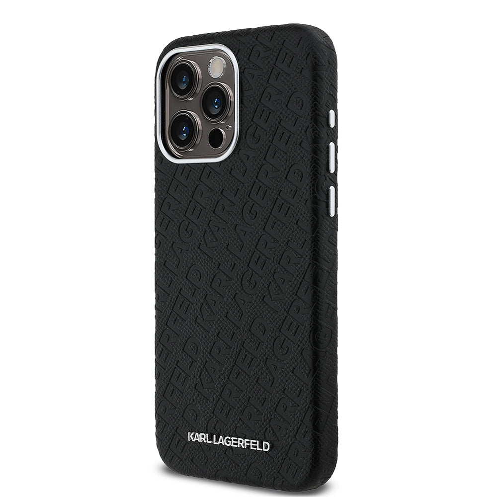 Karl Lagerfeld iPhone 15 Pro Max Damgalı PU Deri Metal Yazı Logolu Kılıf