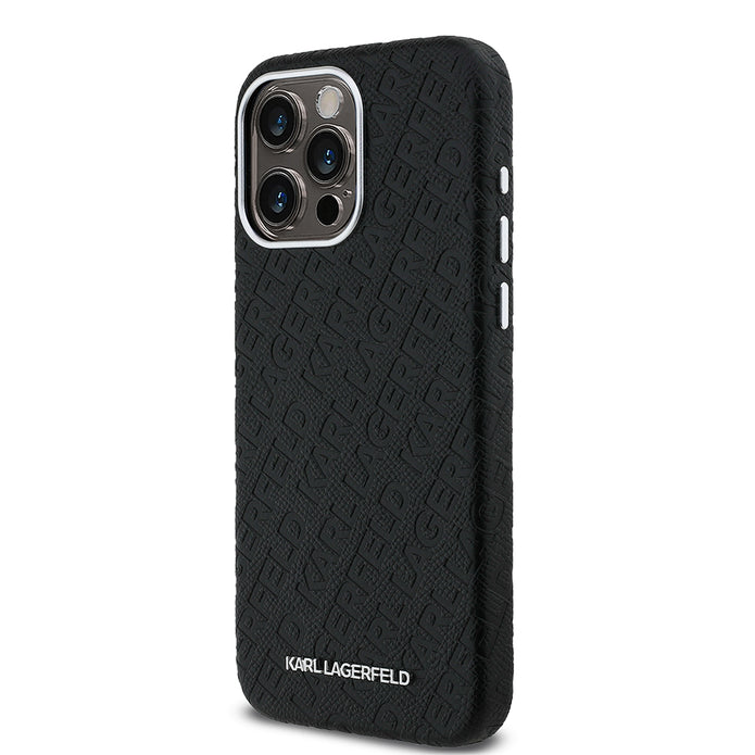 Karl Lagerfeld iPhone 15 Pro Max Damgalı PU Deri Metal Yazı Logolu Kılıf