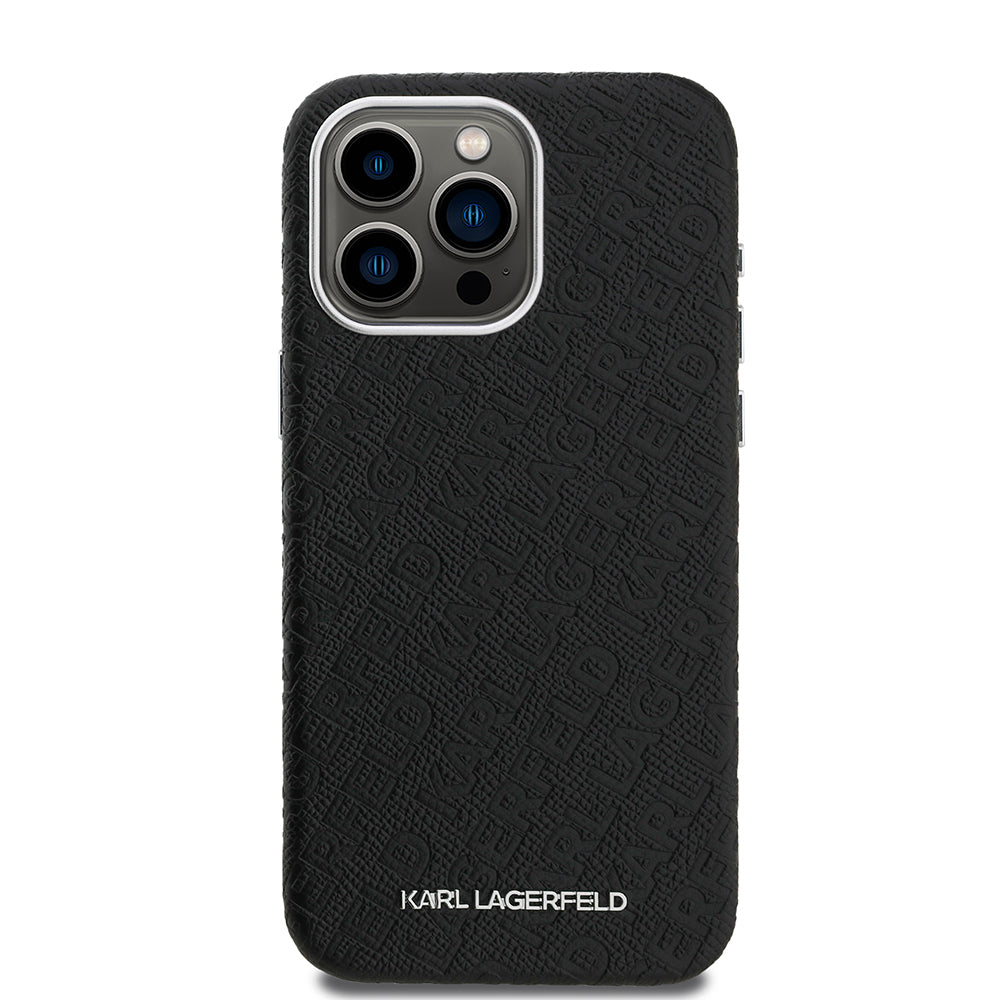 Karl Lagerfeld iPhone 15 Pro Max Damgalı PU Deri Metal Yazı Logolu Kılıf