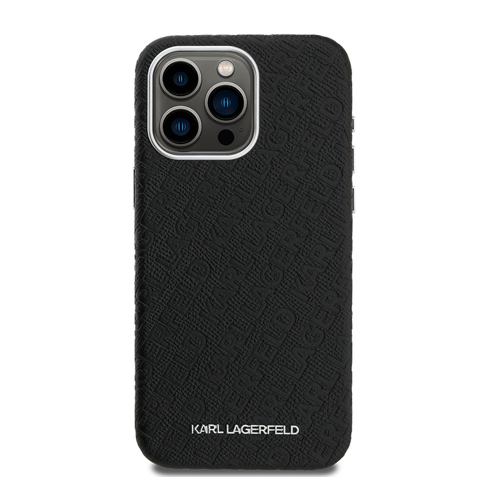 Karl Lagerfeld iPhone 15 Pro Max Damgalı PU Deri Metal Yazı Logolu Kılıf