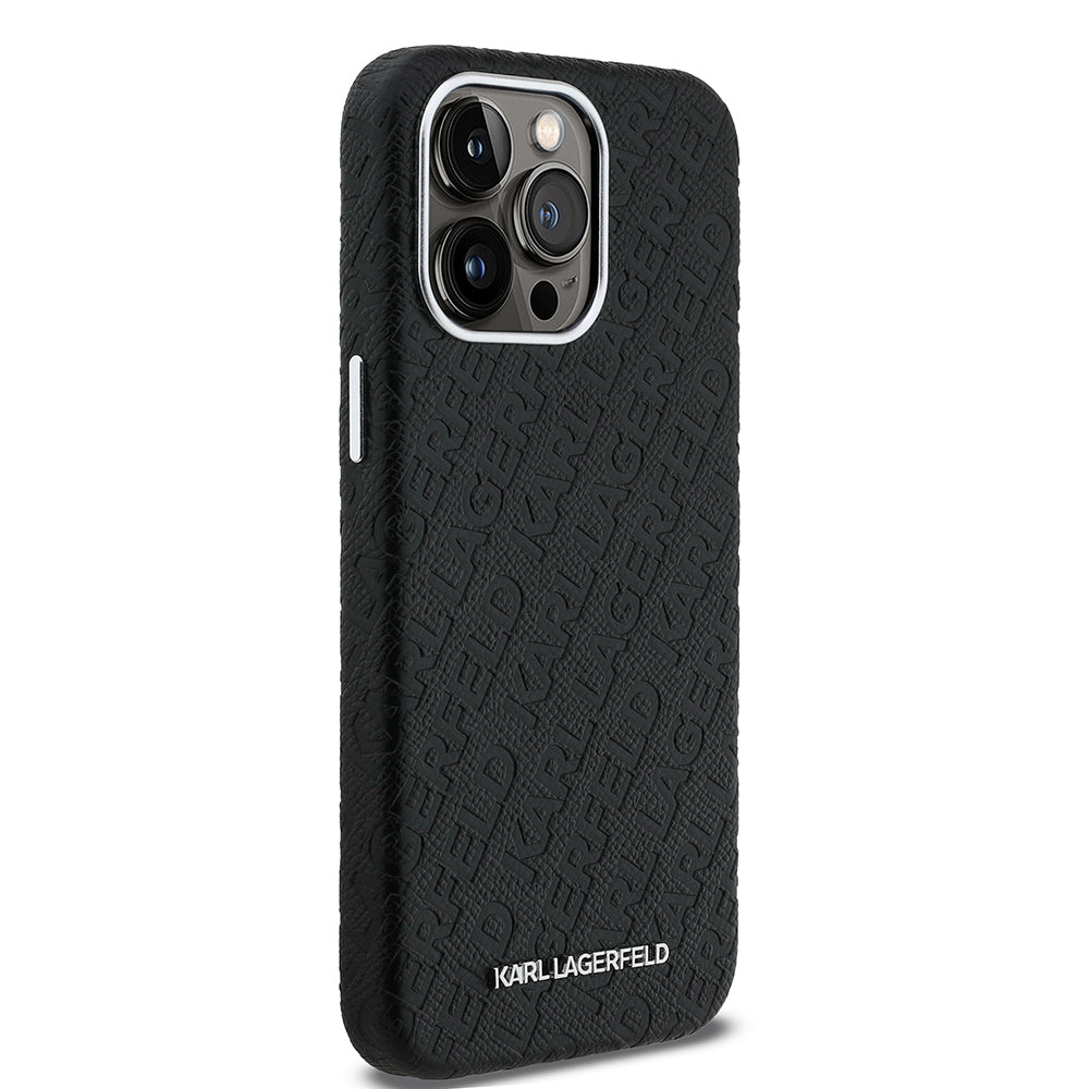 Karl Lagerfeld iPhone 15 Pro Max Damgalı PU Deri Metal Yazı Logolu Kılıf