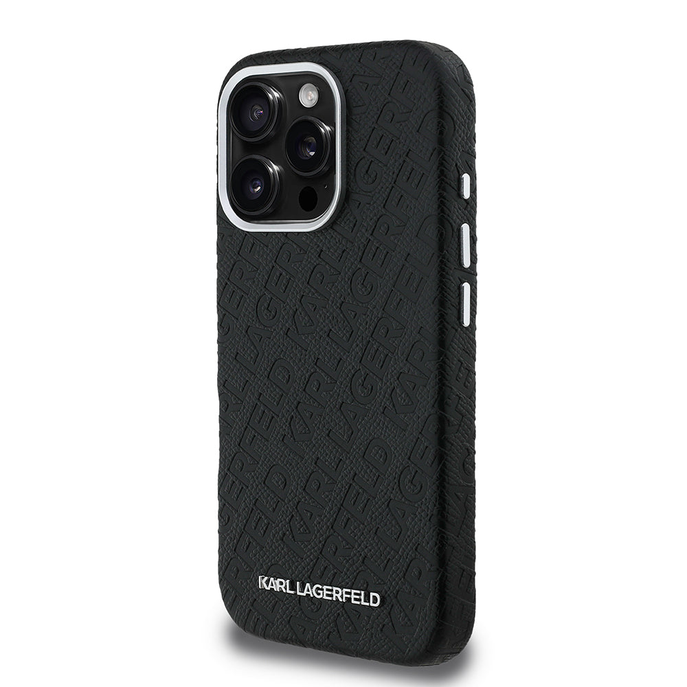 Karl Lagerfeld iPhone 16 Pro Damgalı PU Deri Metal Yazı Logolu Kılıf