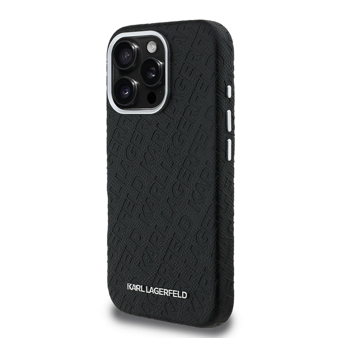 Karl Lagerfeld iPhone 16 Pro Damgalı PU Deri Metal Yazı Logolu Kılıf