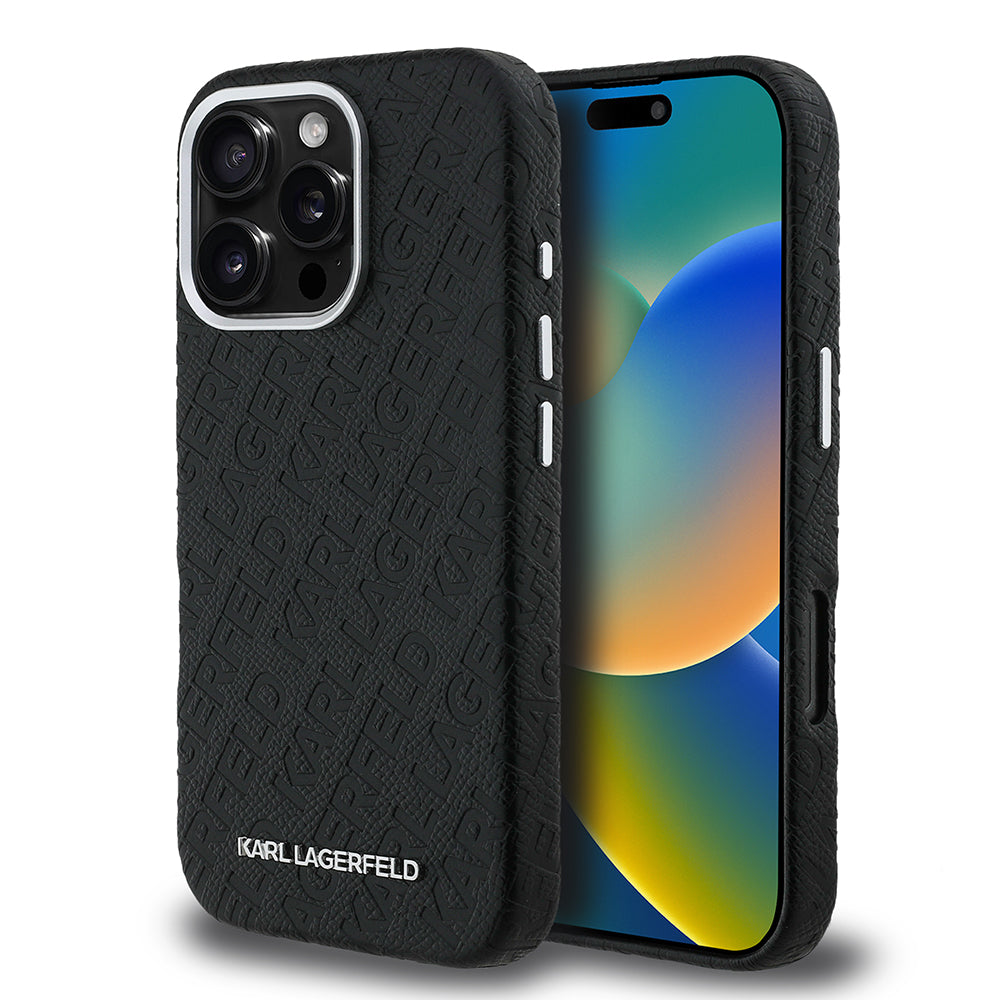 Karl Lagerfeld iPhone 16 Pro Max Damgalı PU Deri Metal Yazı Logolu Kılıf