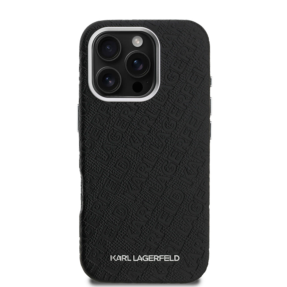 Karl Lagerfeld iPhone 16 Pro Max Damgalı PU Deri Metal Yazı Logolu Kılıf