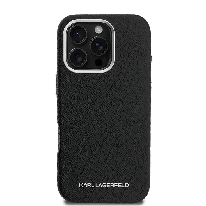 Karl Lagerfeld iPhone 16 Pro Max Damgalı PU Deri Metal Yazı Logolu Kılıf
