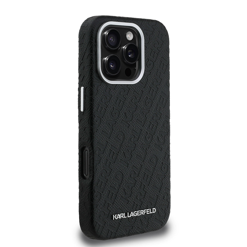 Karl Lagerfeld iPhone 16 Pro Max Damgalı PU Deri Metal Yazı Logolu Kılıf