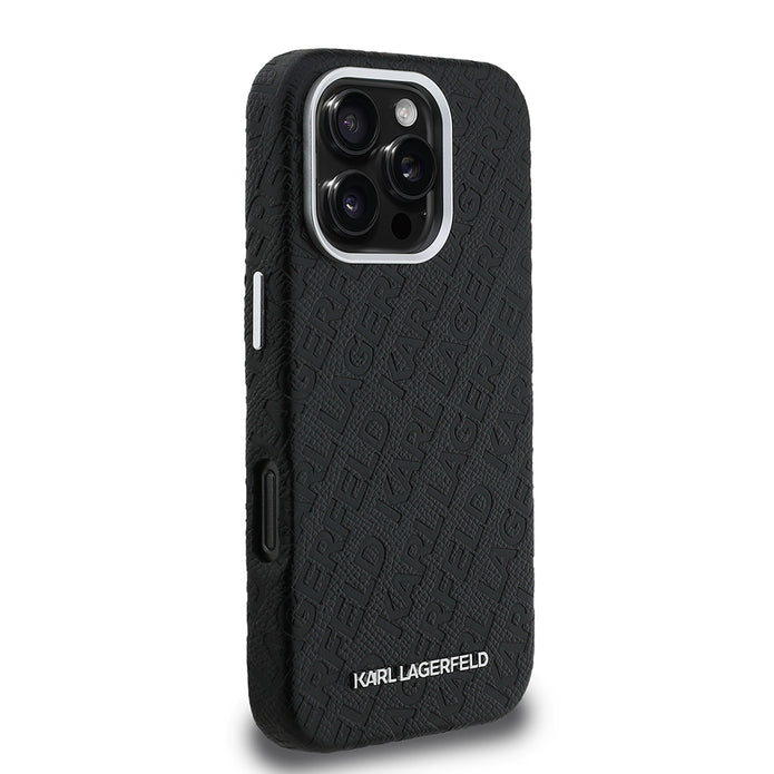 Karl Lagerfeld iPhone 16 Pro Max Damgalı PU Deri Metal Yazı Logolu Kılıf