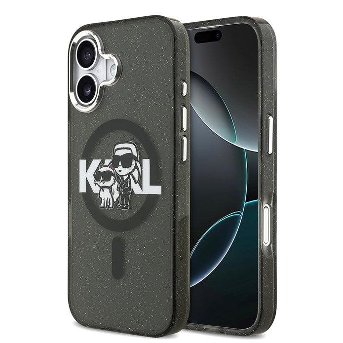 Karl Lagerfeld iPhone 17 Parlayan Simli Karl & Choupette Sketch Logo Kılıf