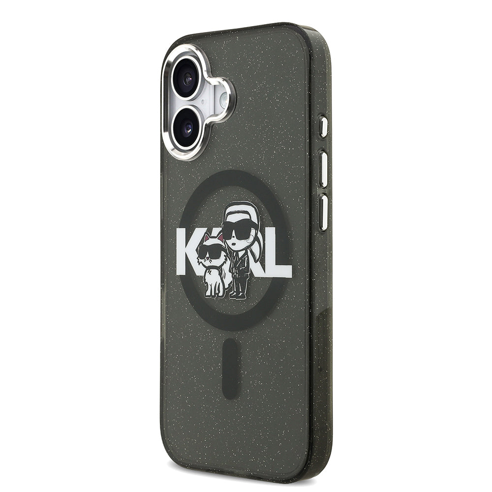 Karl Lagerfeld iPhone 17 Parlayan Simli Karl & Choupette Sketch Logo Kılıf