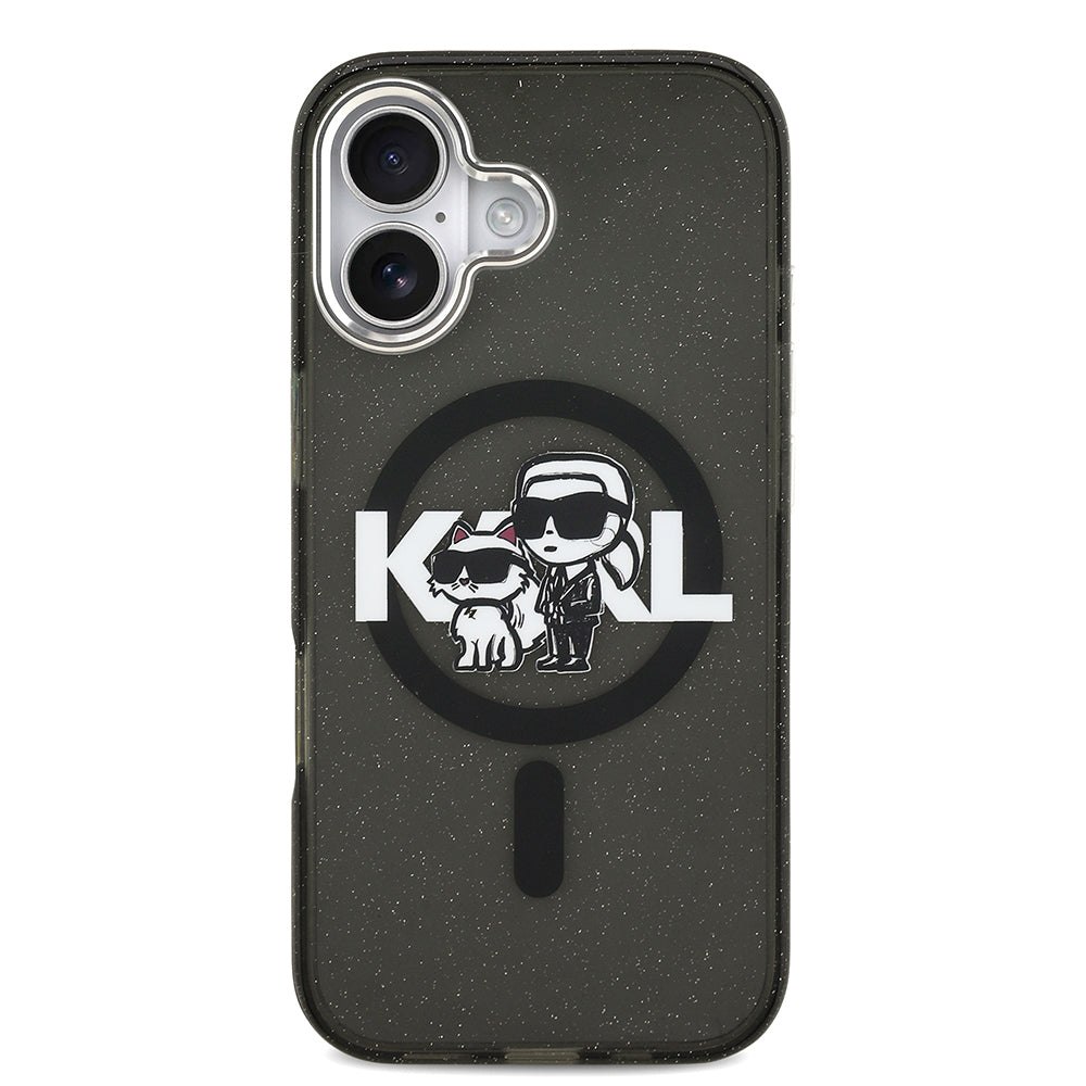 Karl Lagerfeld iPhone 17 Parlayan Simli Karl & Choupette Sketch Logo Kılıf