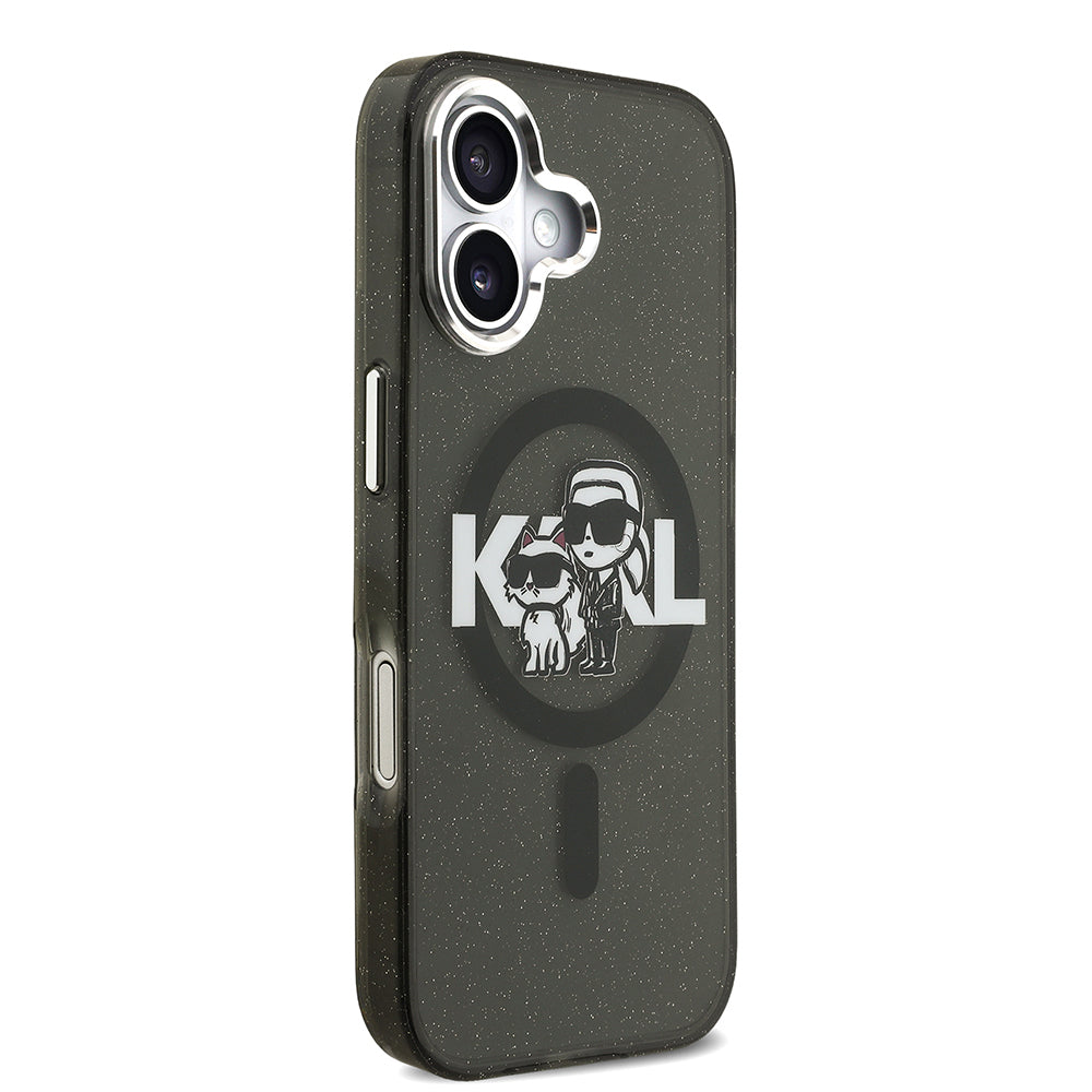 Karl Lagerfeld iPhone 17 Parlayan Simli Karl & Choupette Sketch Logo Kılıf