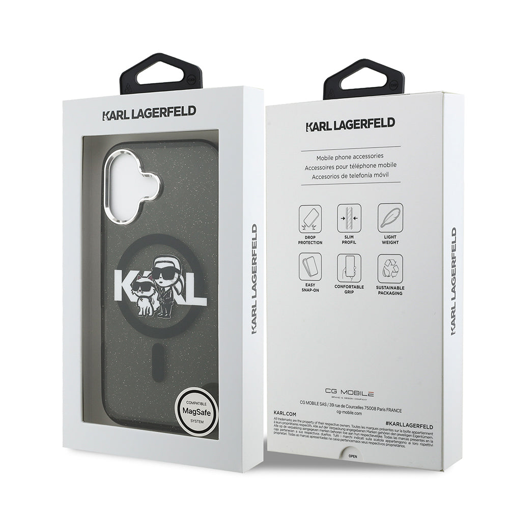 Karl Lagerfeld iPhone 17 Parlayan Simli Karl & Choupette Sketch Logo Kılıf