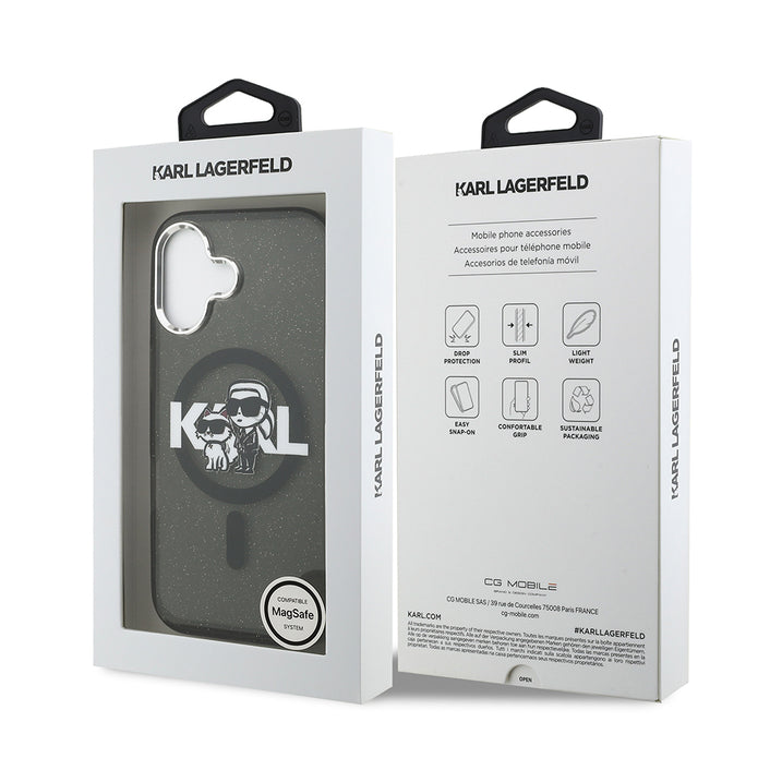 Karl Lagerfeld iPhone 17 Parlayan Simli Karl & Choupette Sketch Logo Kılıf