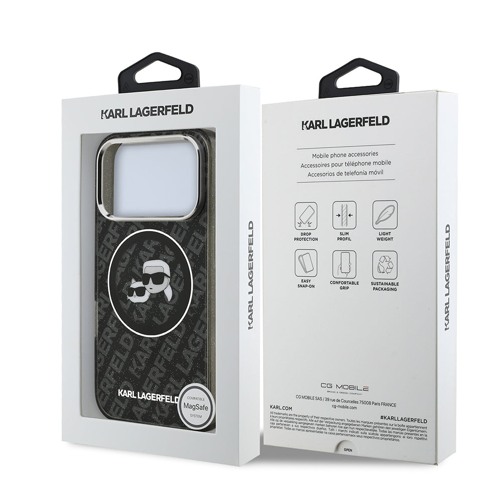 Karl Lagerfeld iPhone 17 Pro Parlayan Simli Karl & Choupette Heads Kılıf
