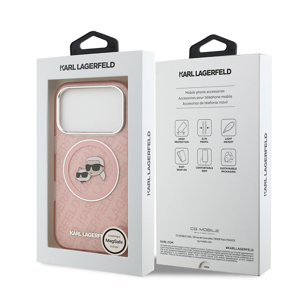 Karl Lagerfeld iPhone 17 Pro Parlayan Simli Karl & Choupette Heads Kılıf