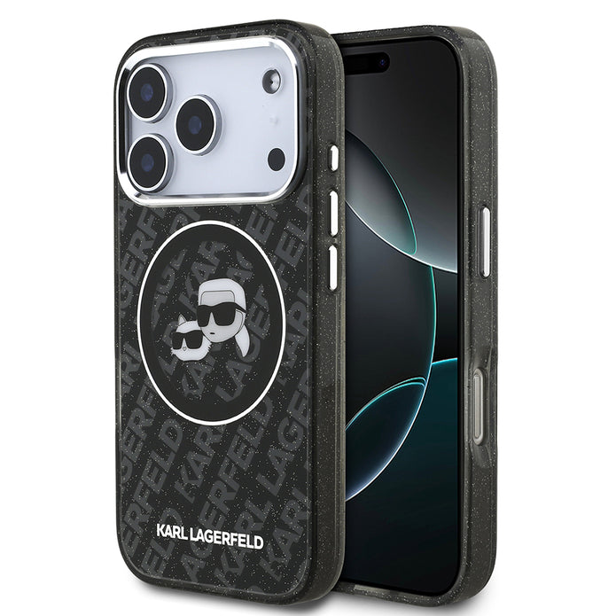 Karl Lagerfeld iPhone 17 Pro Parlayan Simli Karl & Choupette Heads Kılıf