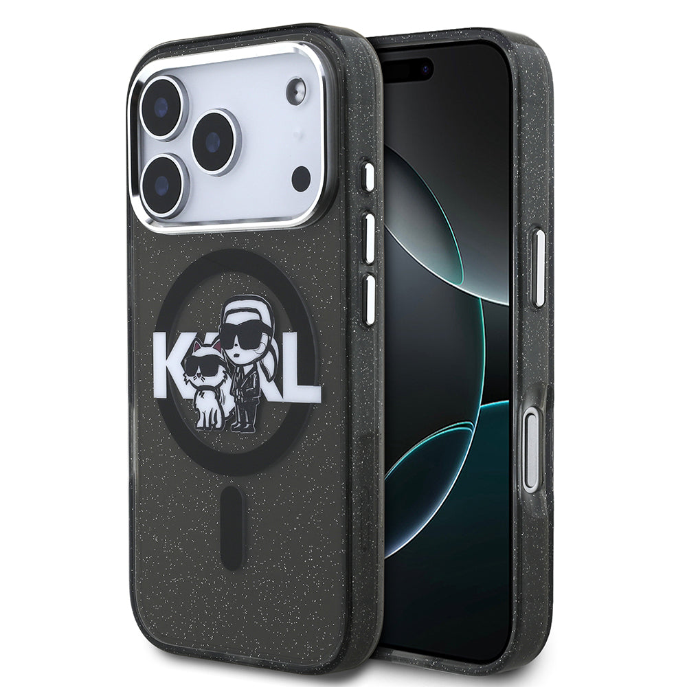 Karl Lagerfeld iPhone 17 Pro Parlayan Simli Karl & Choupette Sketch Logo Kılıf