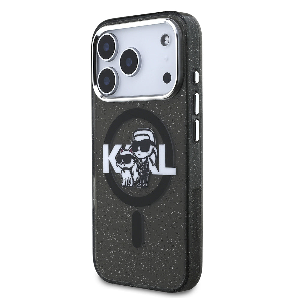Karl Lagerfeld iPhone 17 Pro Parlayan Simli Karl & Choupette Sketch Logo Kılıf