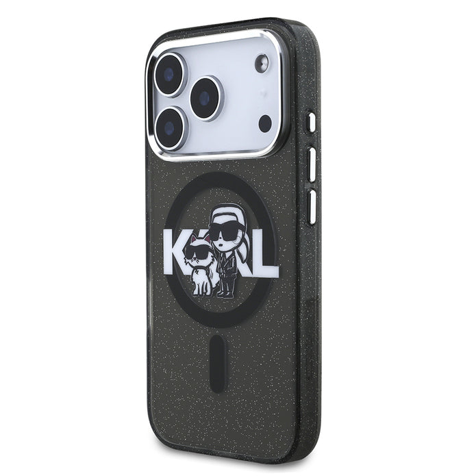Karl Lagerfeld iPhone 17 Pro Parlayan Simli Karl & Choupette Sketch Logo Kılıf