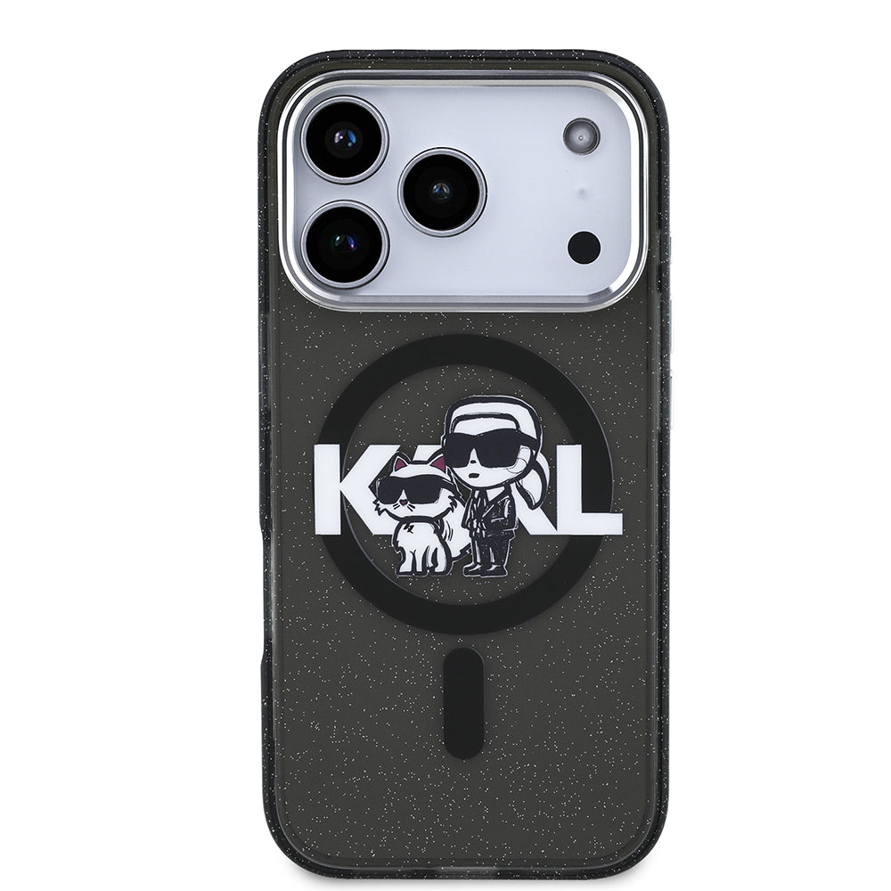 Karl Lagerfeld iPhone 17 Pro Parlayan Simli Karl & Choupette Sketch Logo Kılıf