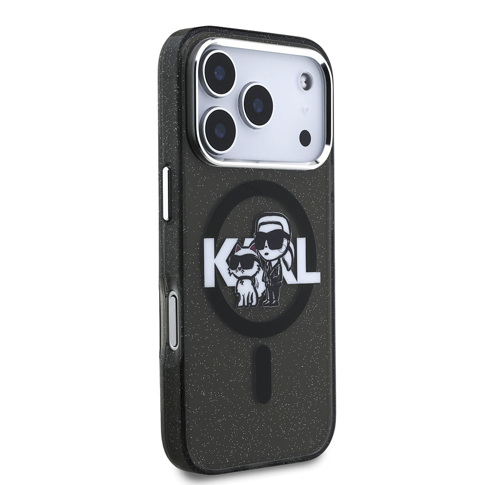Karl Lagerfeld iPhone 17 Pro Parlayan Simli Karl & Choupette Sketch Logo Kılıf